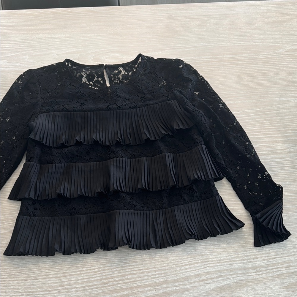 J. Crew Black Pleated Ruffled Blouse